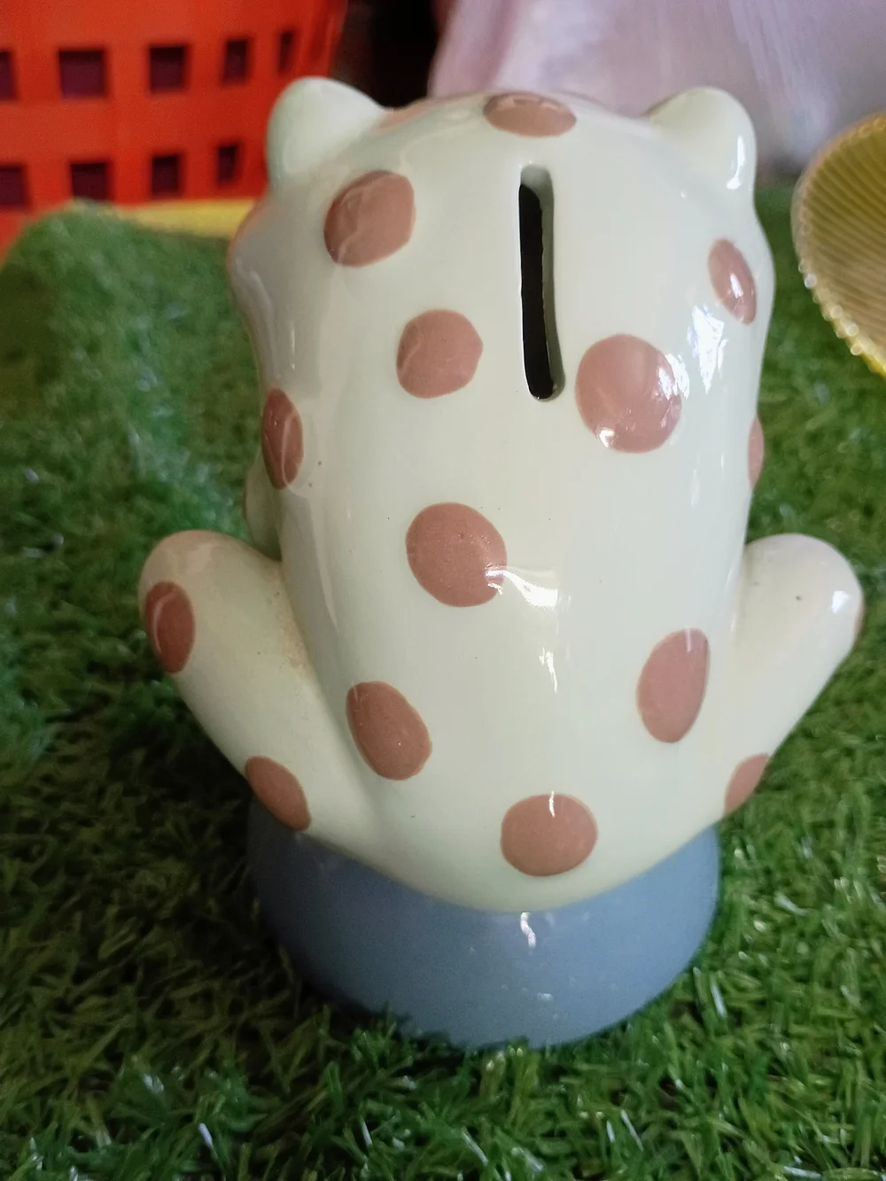 Ceramic Polka Dot Frog Bank - Light Green with Brown Spots